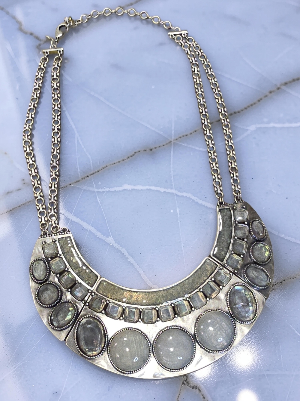 Chico’s Silver & Sage Green Stone Statement Bib Necklace